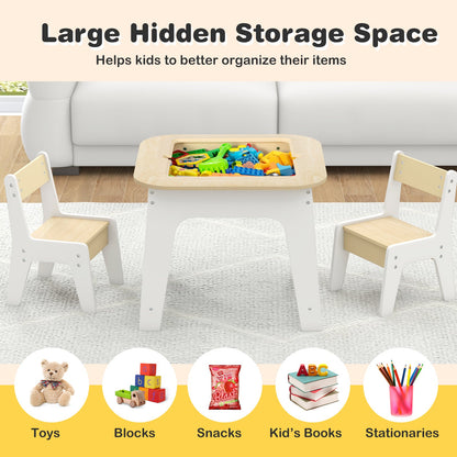 Kids Table and Chairs Set with Double-Sided Tabletop and Hidden Storage-Natural