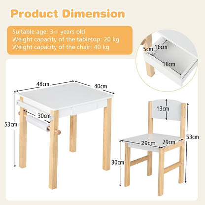 طاولة رسم خشبية للأطفال الصغار مع درج ولفافة ورق - بيضاء