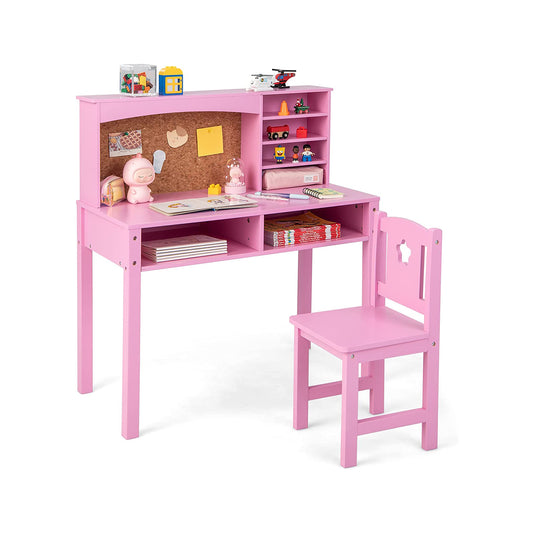 Wooden Kids Desk and Chair Set with Hutch for Studying and Reading