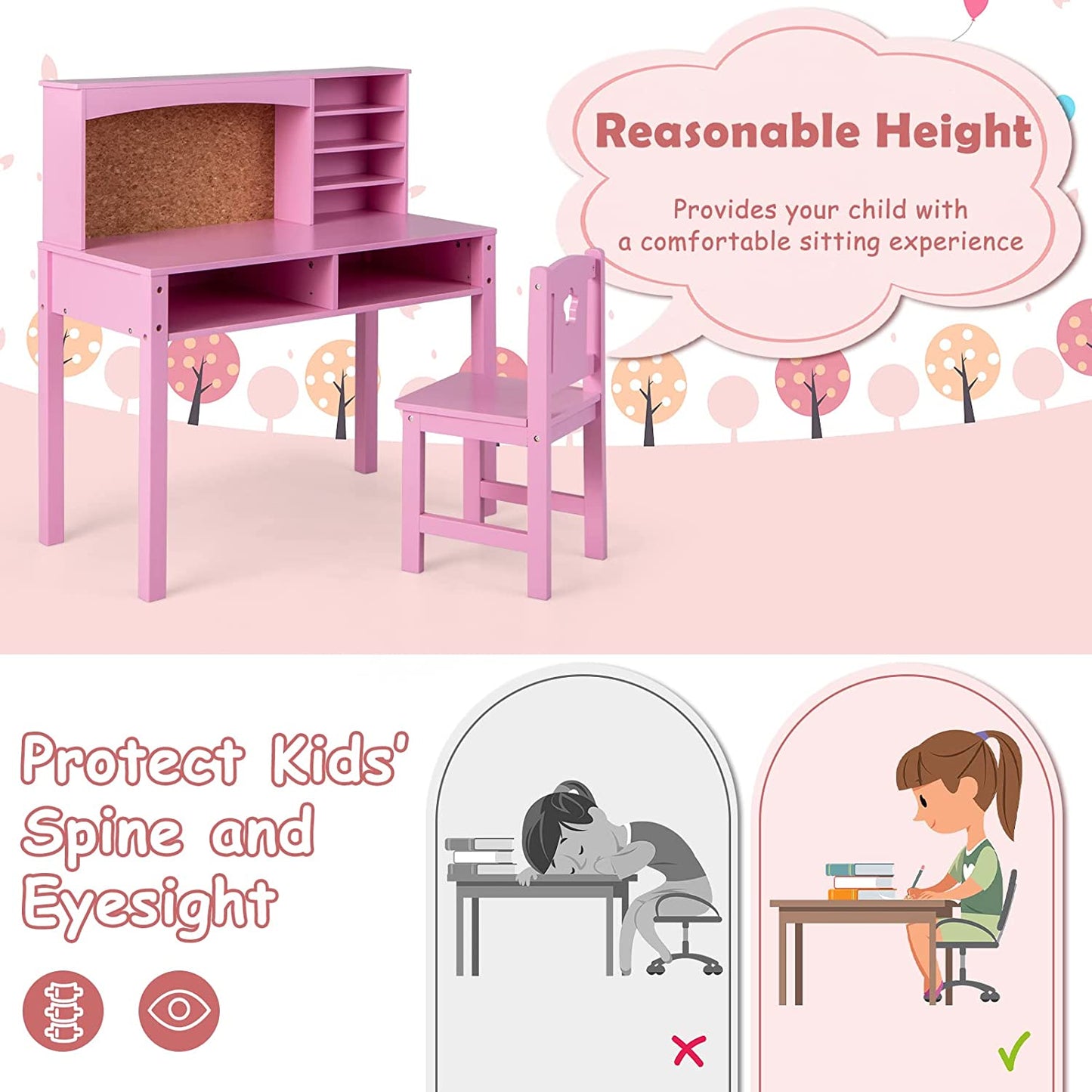 Wooden Kids Desk and Chair Set with Hutch for Studying and Reading