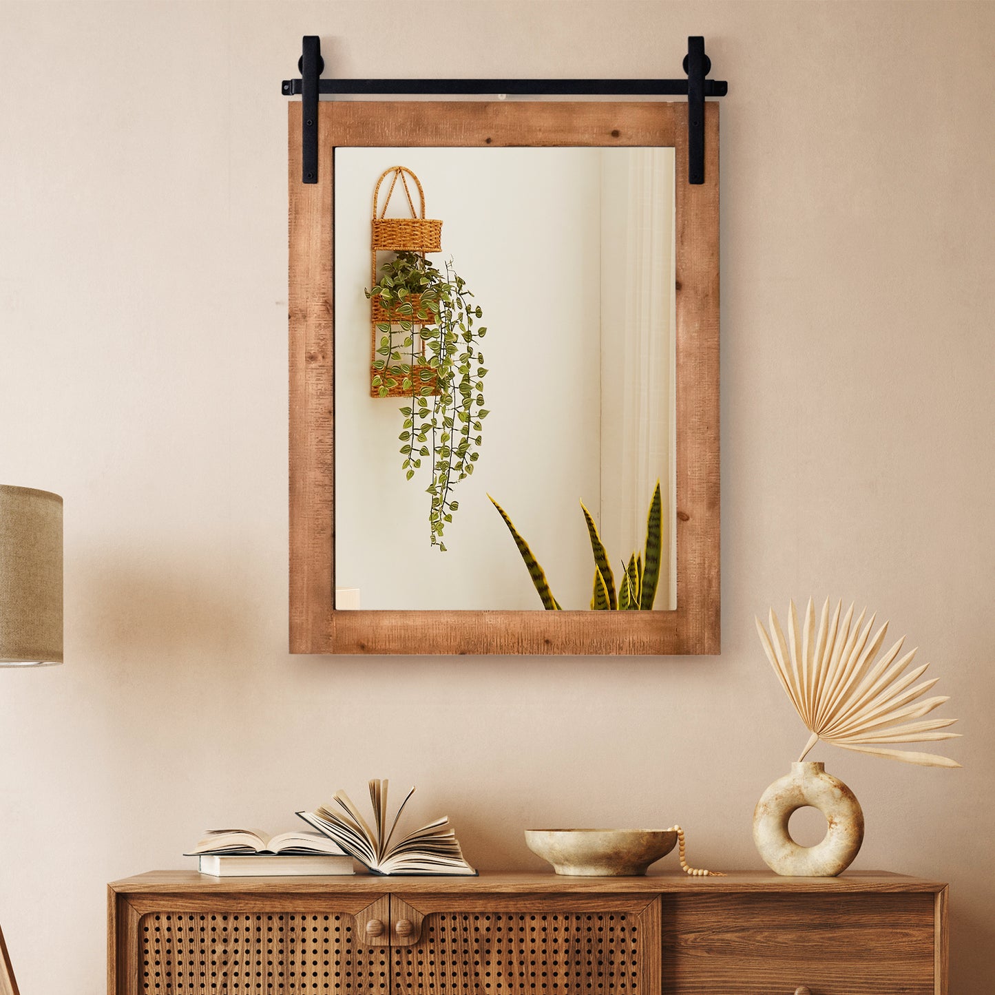 Wall Mounted Mirror with Solid Wood Frame and Metal Bracket