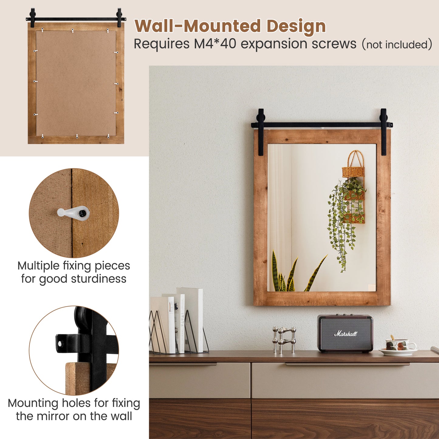 Wall Mounted Mirror with Solid Wood Frame and Metal Bracket