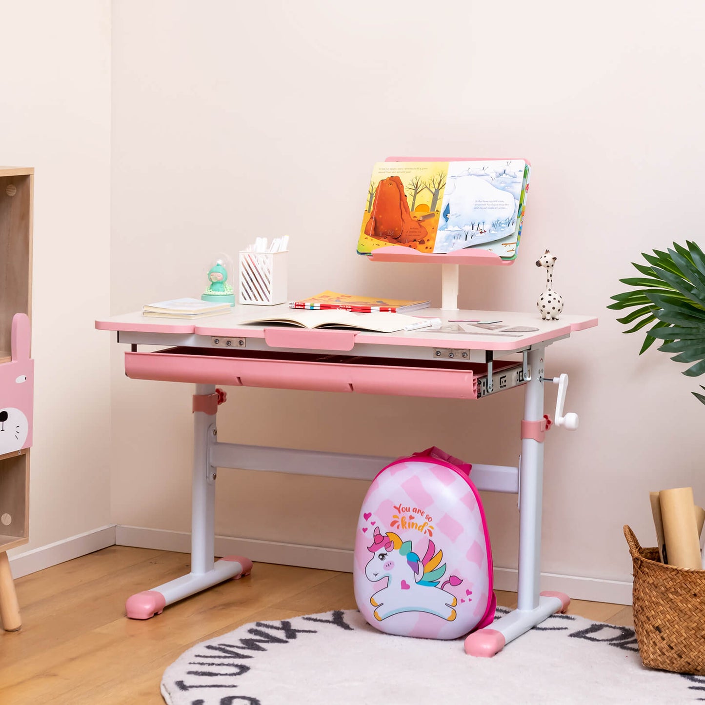 Height Adjustable Kids Desk with Tilt Desktop and Book Stand-Pink