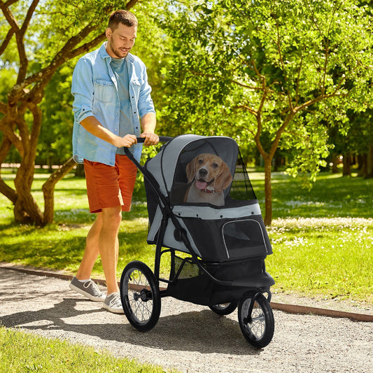 عربة أطفال PawHut Pet Stroller Jogger للكلاب المتوسطة والصغيرة، عربة أطفال قابلة للطي للكلاب والقطط مع مظلة قابلة للتعديل، 3 عجلات كبيرة - رمادي