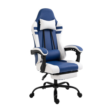 Vinsetto PU Leather Gaming Chair with Headrest, Footrest, Wheels, Adjustable Height - Blue/White