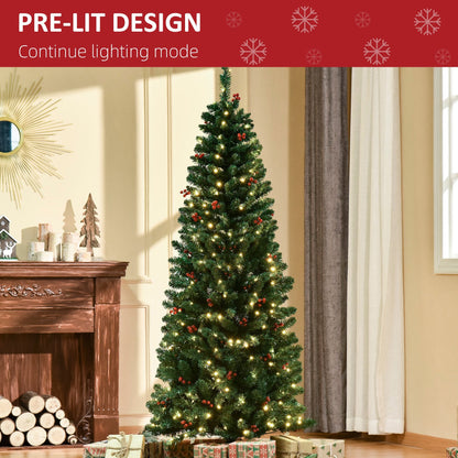 HOMCOM 6FT Prelit Artificial Pencil Christmas Tree with Warm White LED Light, Red Berry, Holiday Home Xmas Decoration, Green