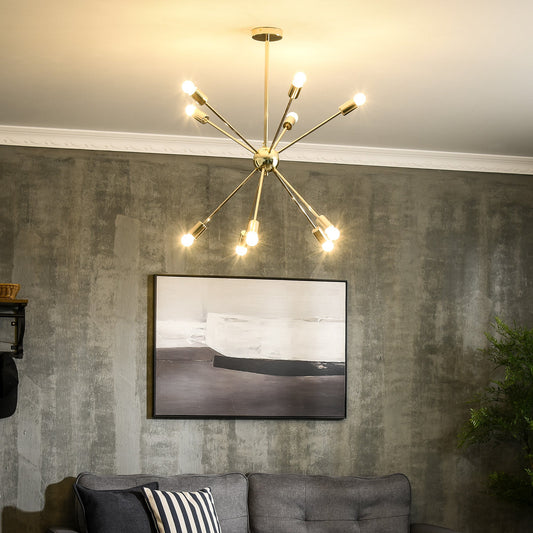 HOMCOM Modern Sputnik Ceiling Lights, 10-Light Chandelier for Bedroom Living Room with E27 Base, 65x65x78.5cm, Gold Tone