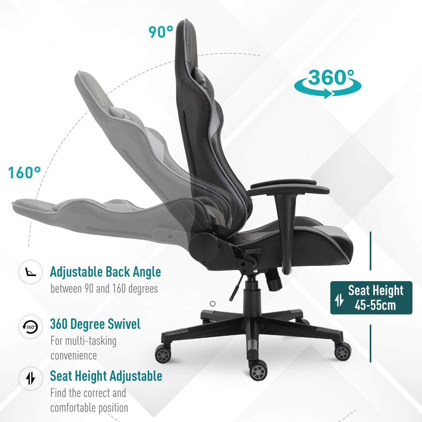 Vinsetto High Back Reclining Gaming Chair with Head and Back Pillow - Black/Grey