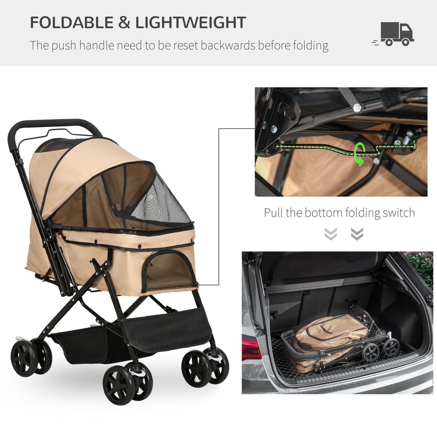 عربة أطفال PawHut Pet Stroller قابلة للطي للسفر للكلاب والقطط مع سلة فرامل بمقبض قابل للعكس