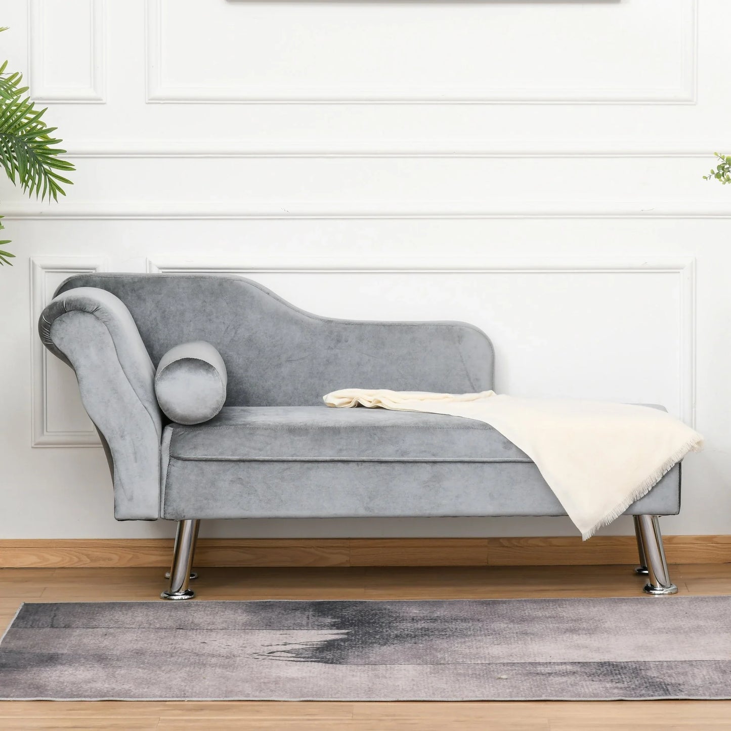 Velvet-Feel Chaise Longue with Cushion - Grey