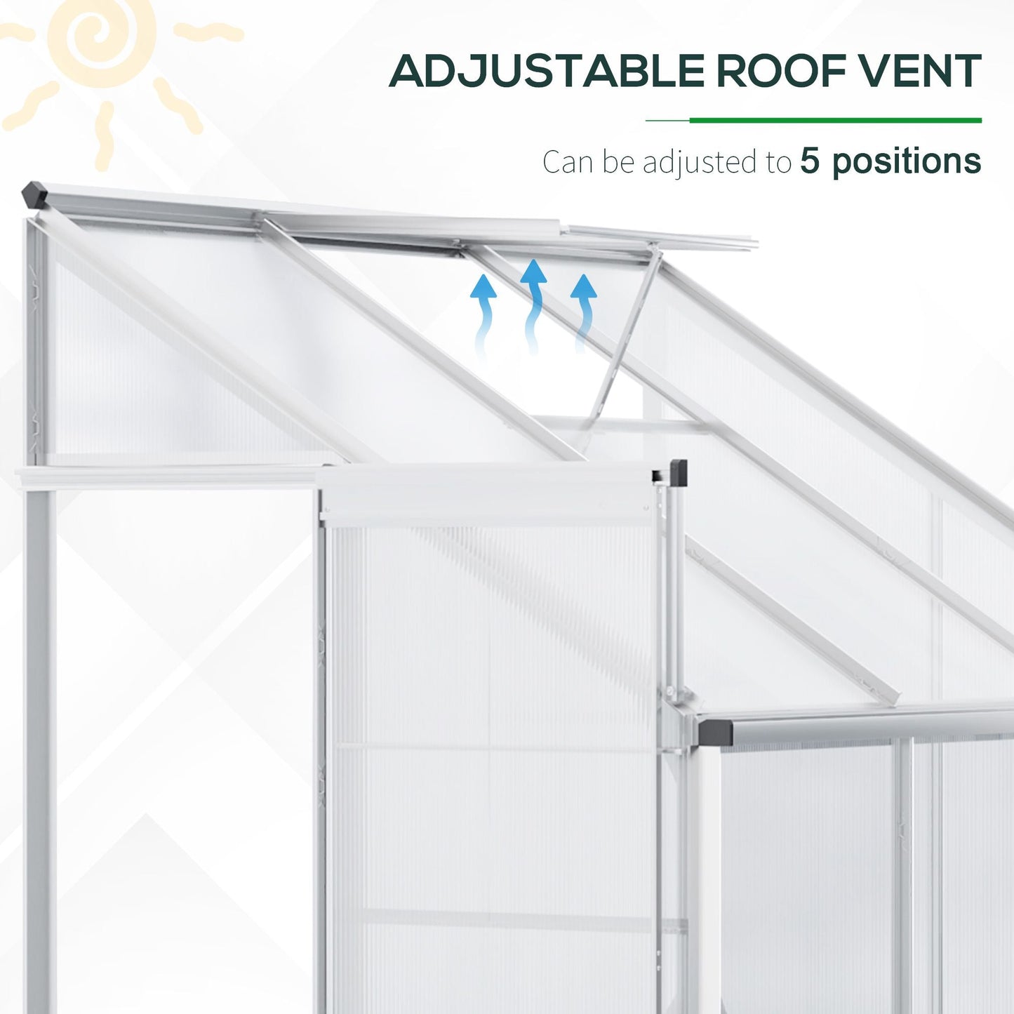 Walk-In Lean to Greenhouse Garden Heavy Duty Aluminium Polycarbonate with Roof Vent for Plants Herbs Vegetables, Silver, 192 x 127 x 220 cm