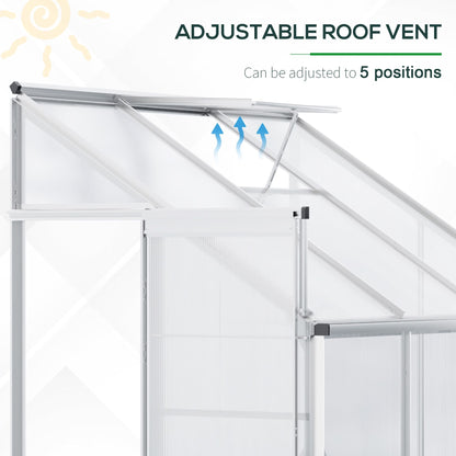 Walk-In Lean to Greenhouse Garden Heavy Duty Aluminium Polycarbonate with Roof Vent for Plants Herbs Vegetables, Silver, 192 x 127 x 220 cm