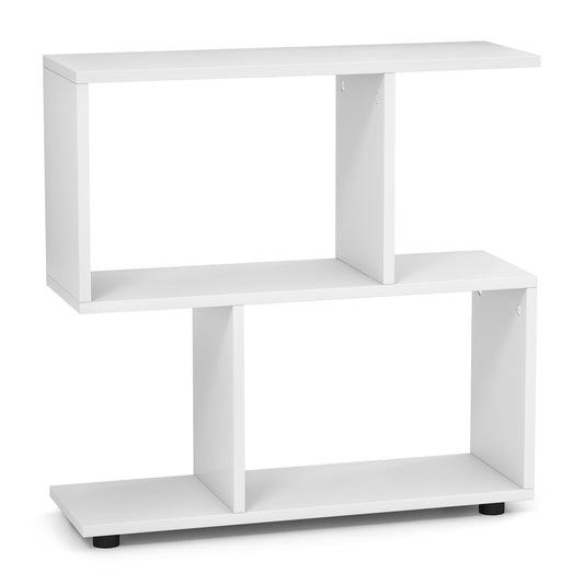 2-tier Irregular Storage Shelf Wood Shelving Units with 4 Compartments-White