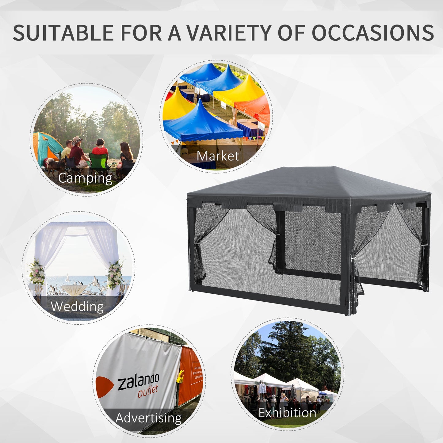 Outsunny 4 m x 3 m Gazebo Party Tent Outdoor Canopy Garden Sun Shade w/ Mesh Sidewalls, Grey