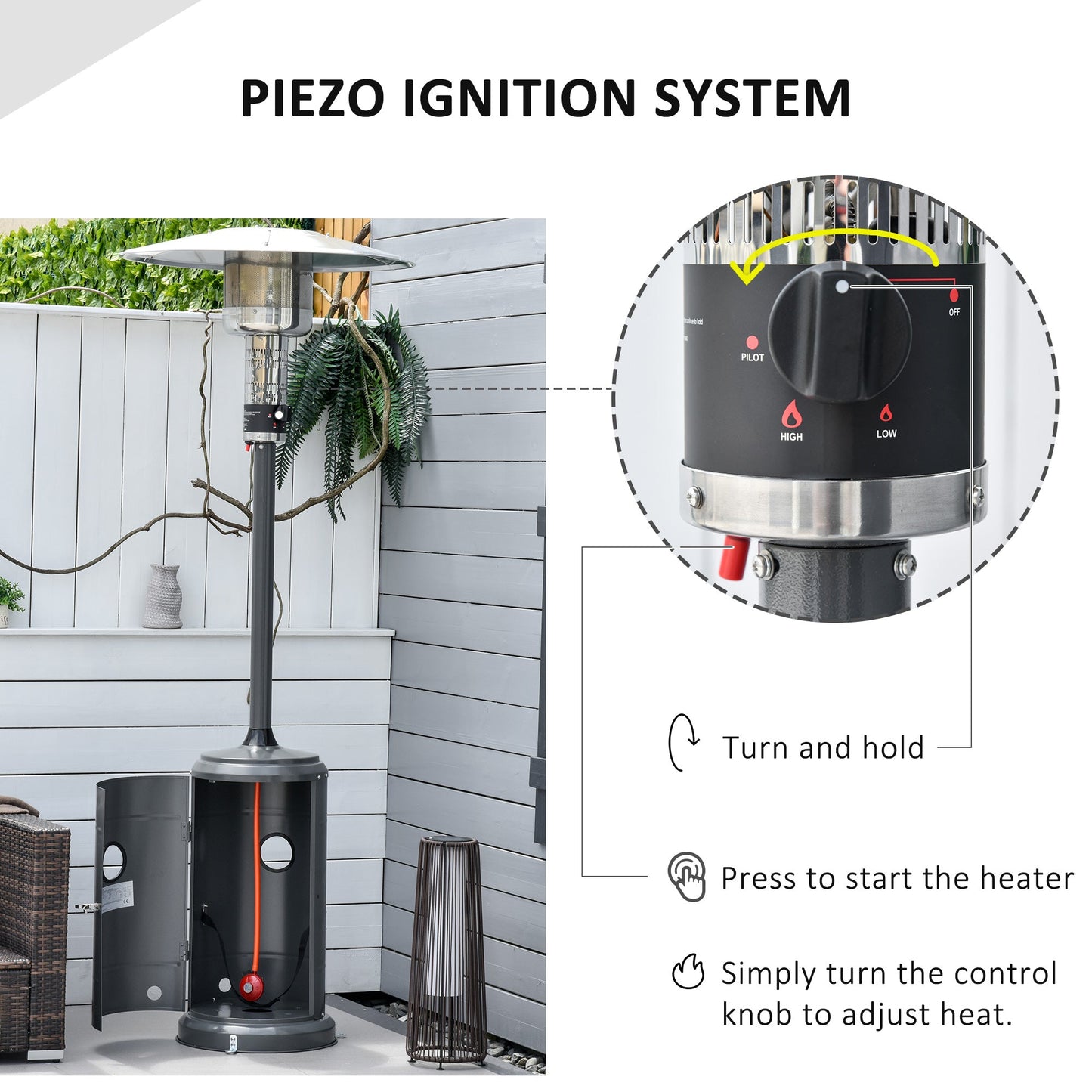 Outsunny 12.5KW Outdoor Gas Patio Heater with Wheels, Dust Cover, Regulator and Hose - Charcoal Grey