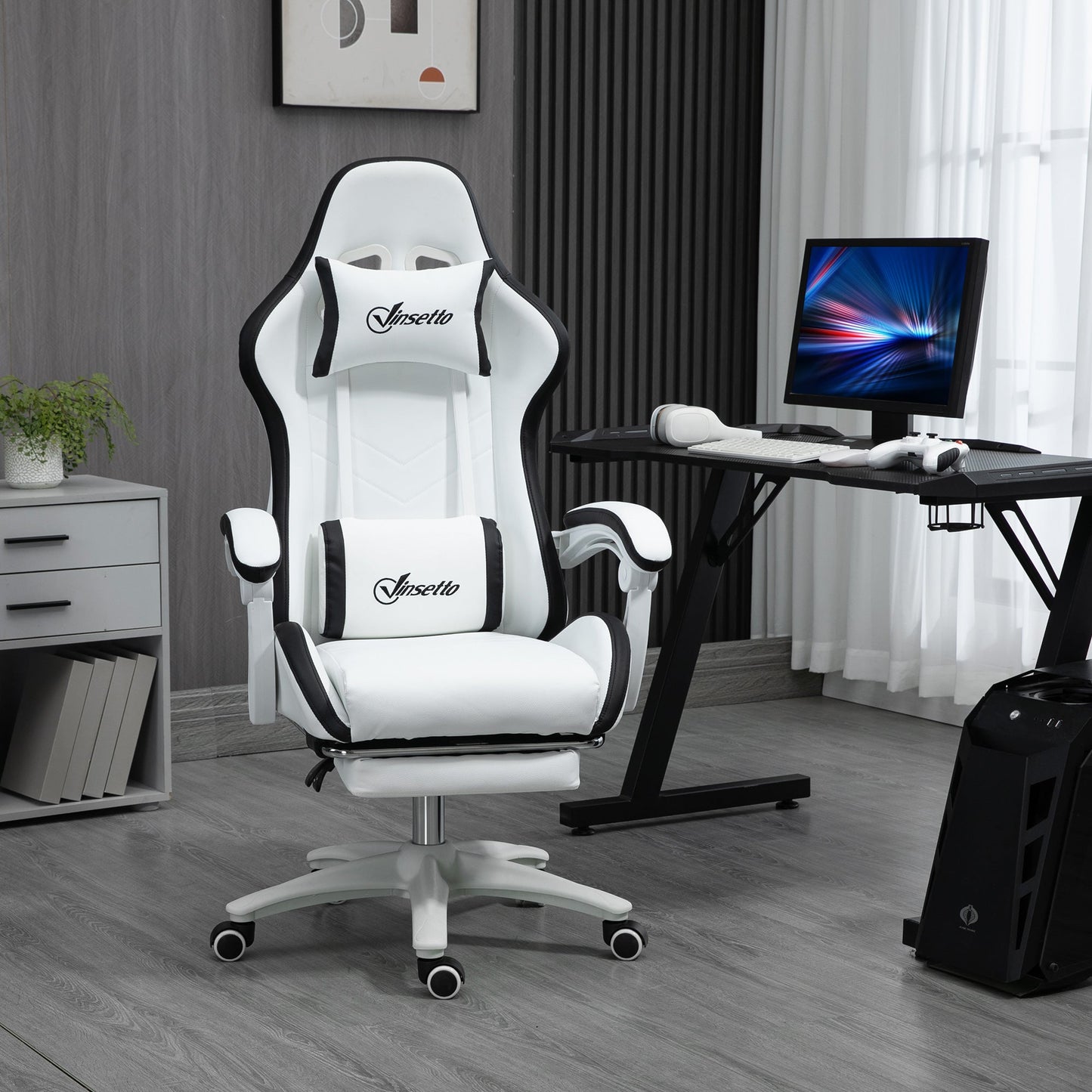 Vinsetto Reclining PU Leather Gaming Chair with Footrest, Removable Headrest and Lumber Support - White/Black