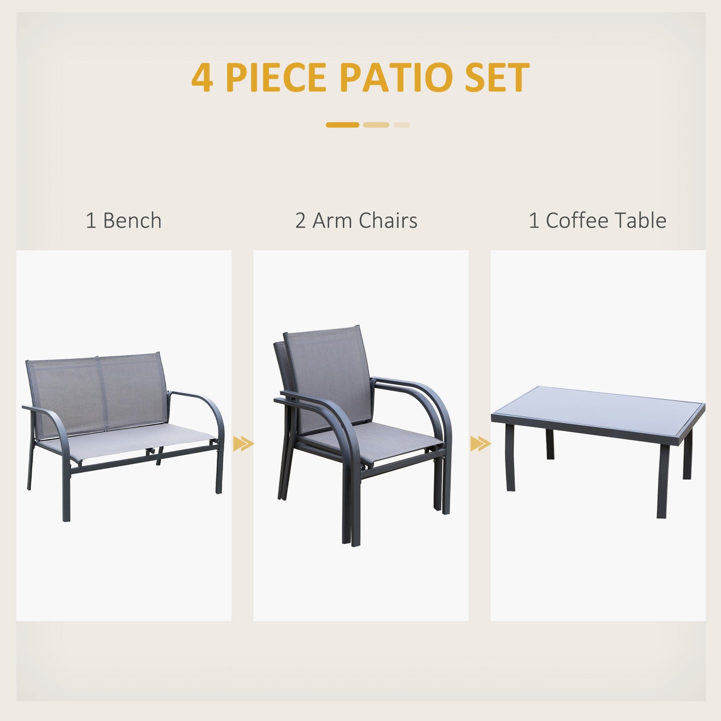 Outsunny 4 pcs Curved Steel Patio Furniture Set with Loveseat - Grey