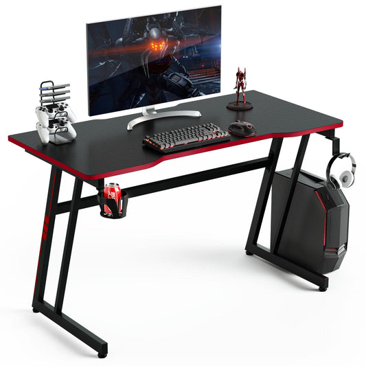 Z-Shaped Computer Desk with Headphone Hook and Cup Holder-Red &amp; Black