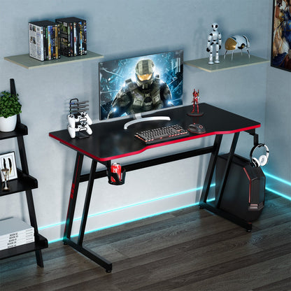 Z-Shaped Computer Desk with Headphone Hook and Cup Holder-Red &amp; Black