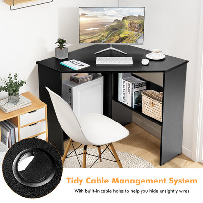 Triangle Corner Computer Desk with Open Shelf and Cable Holes-Black