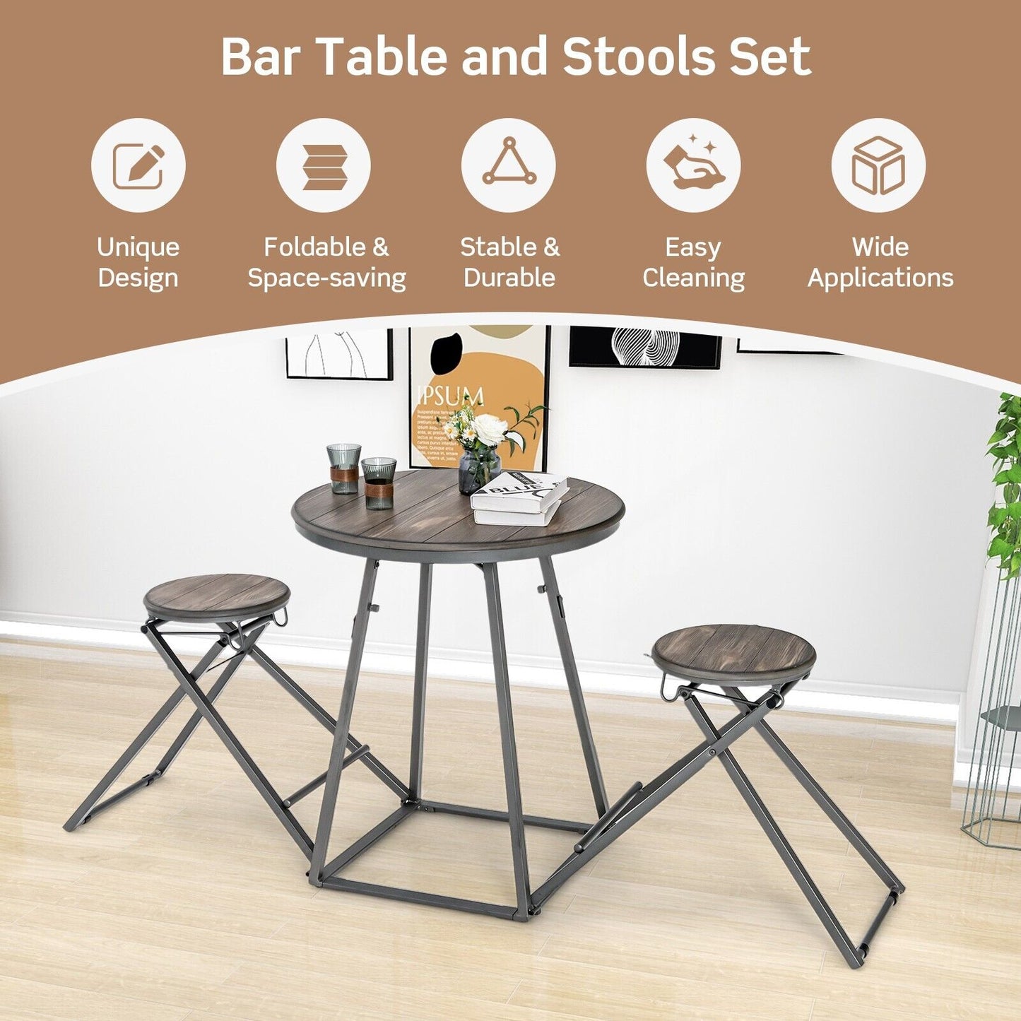 3-Piece Round Table and Stool Set with 2 Foldable Stools-Grey
