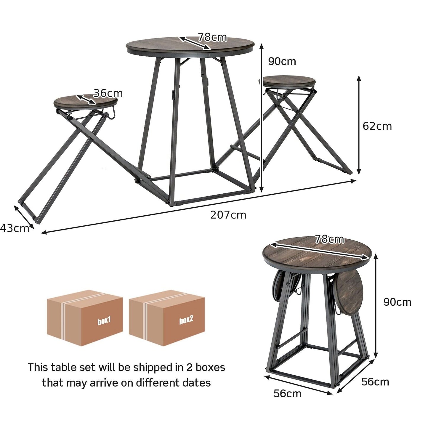 3-Piece Round Table and Stool Set with 2 Foldable Stools-Grey