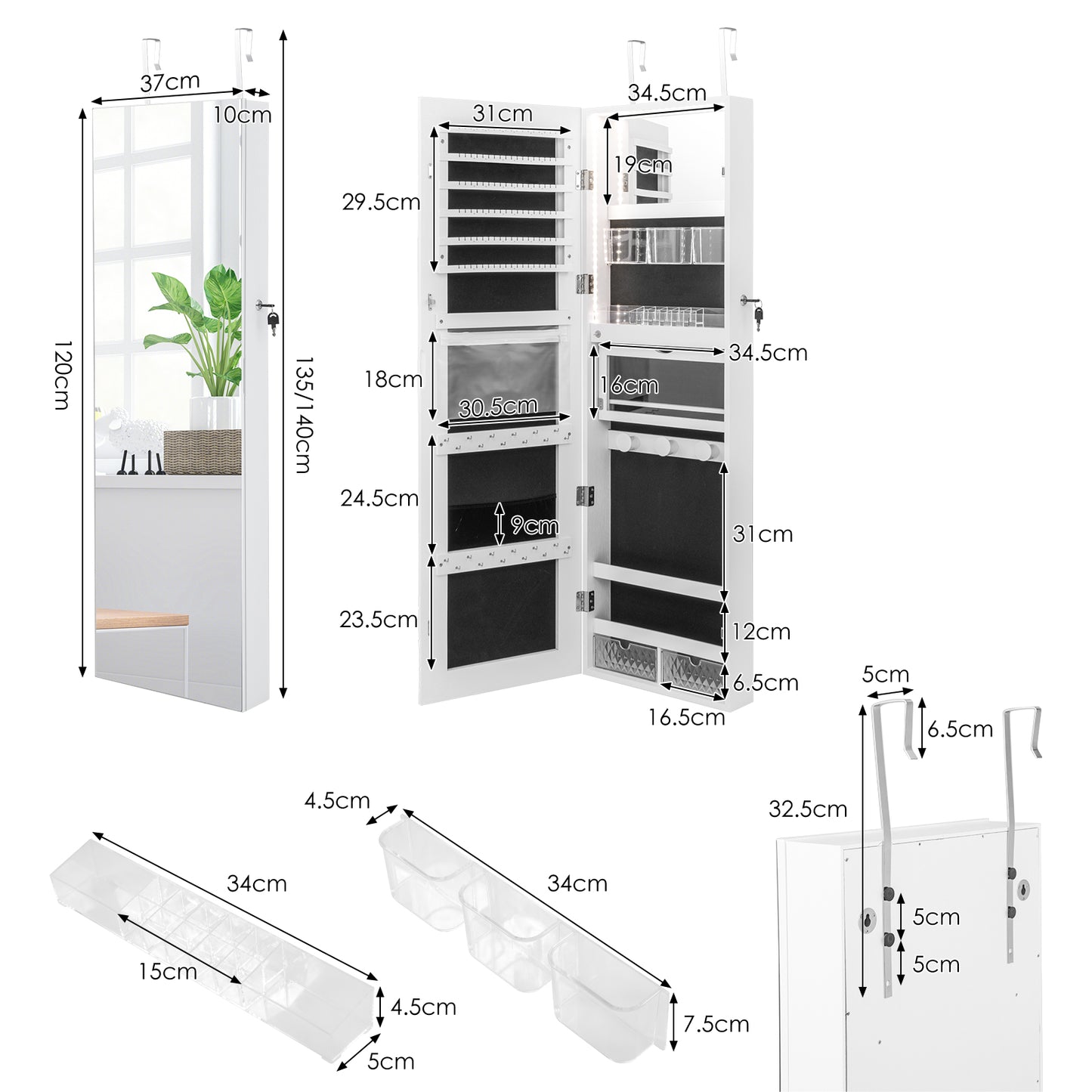 Wall Mounted Door Hanging Jewelry Armoire with Full-Length Mirror and 3-Color Lights-White