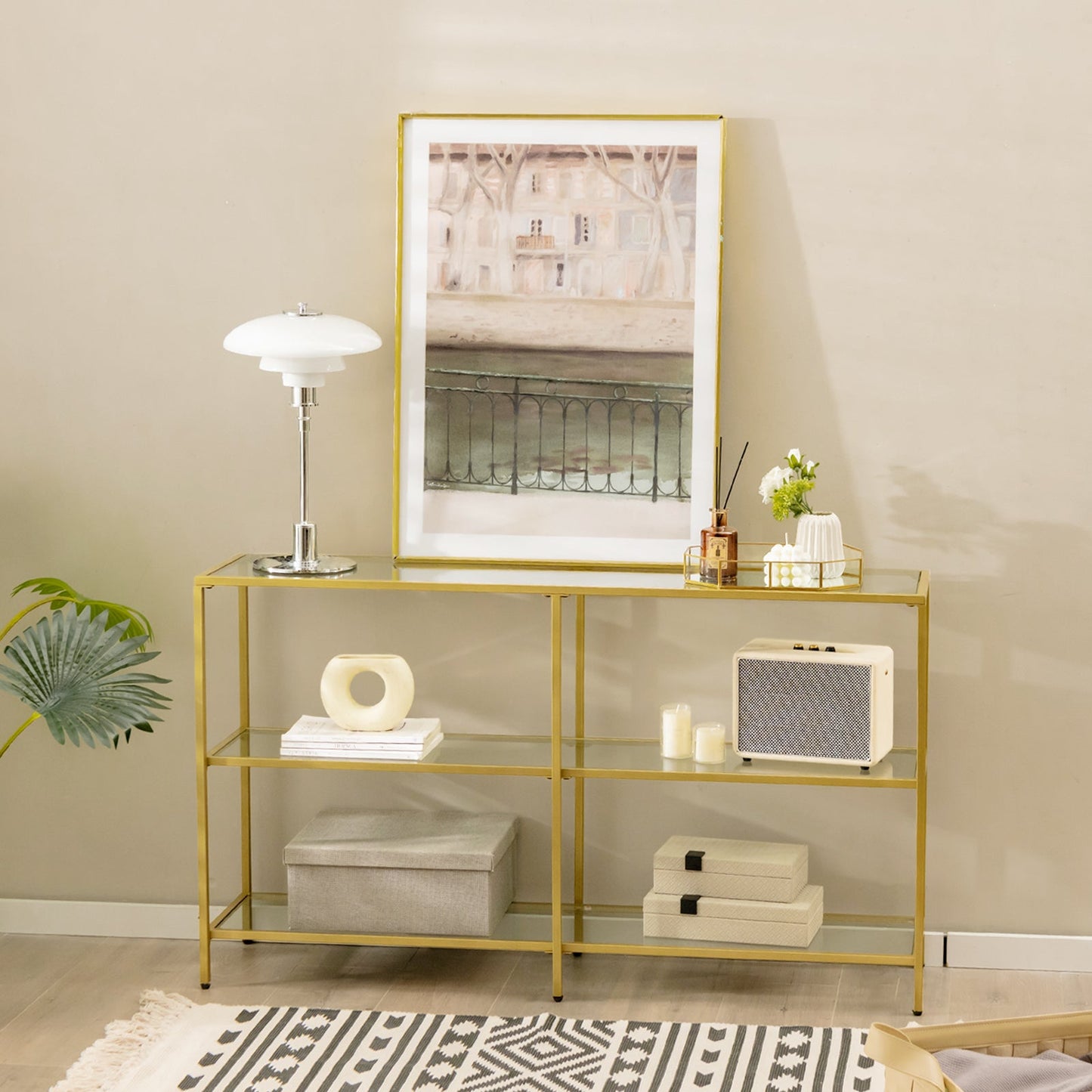 3-Tier Modern Console Table with Tempered Glass Shelf and Gold Frame-130 x 30 x 73 cm