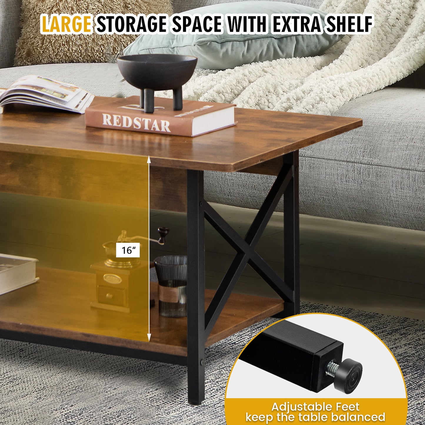 2-Tier Industrial Coffee Table for Living Room Bedroom Office