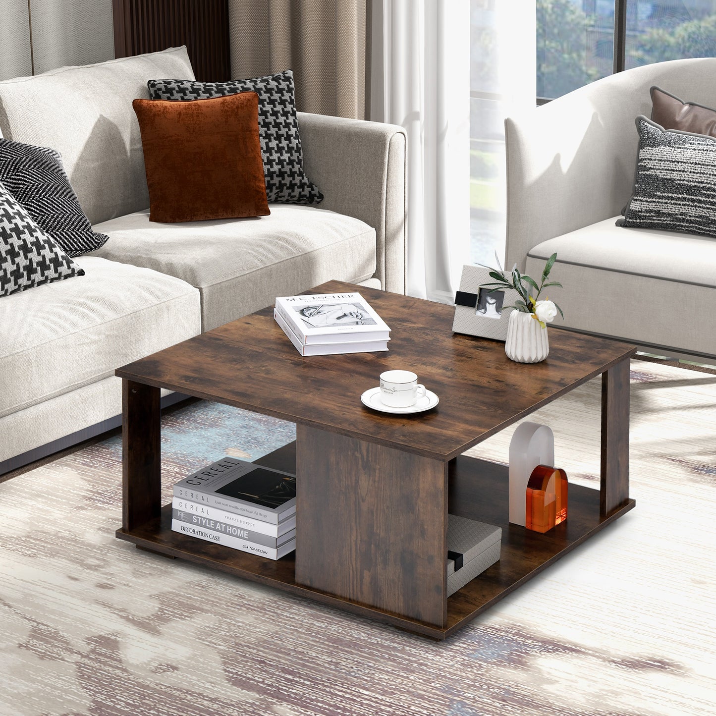 2-Tier Industrial Square Coffee Table for Living Room Bedroom