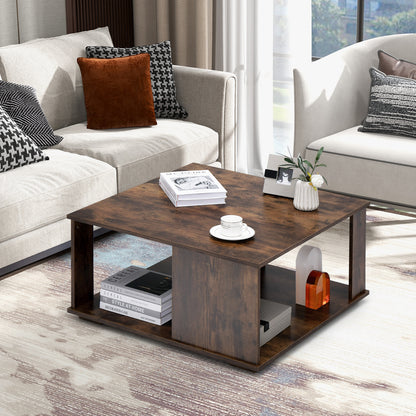 2-Tier Industrial Square Coffee Table for Living Room Bedroom-Rustic Brown