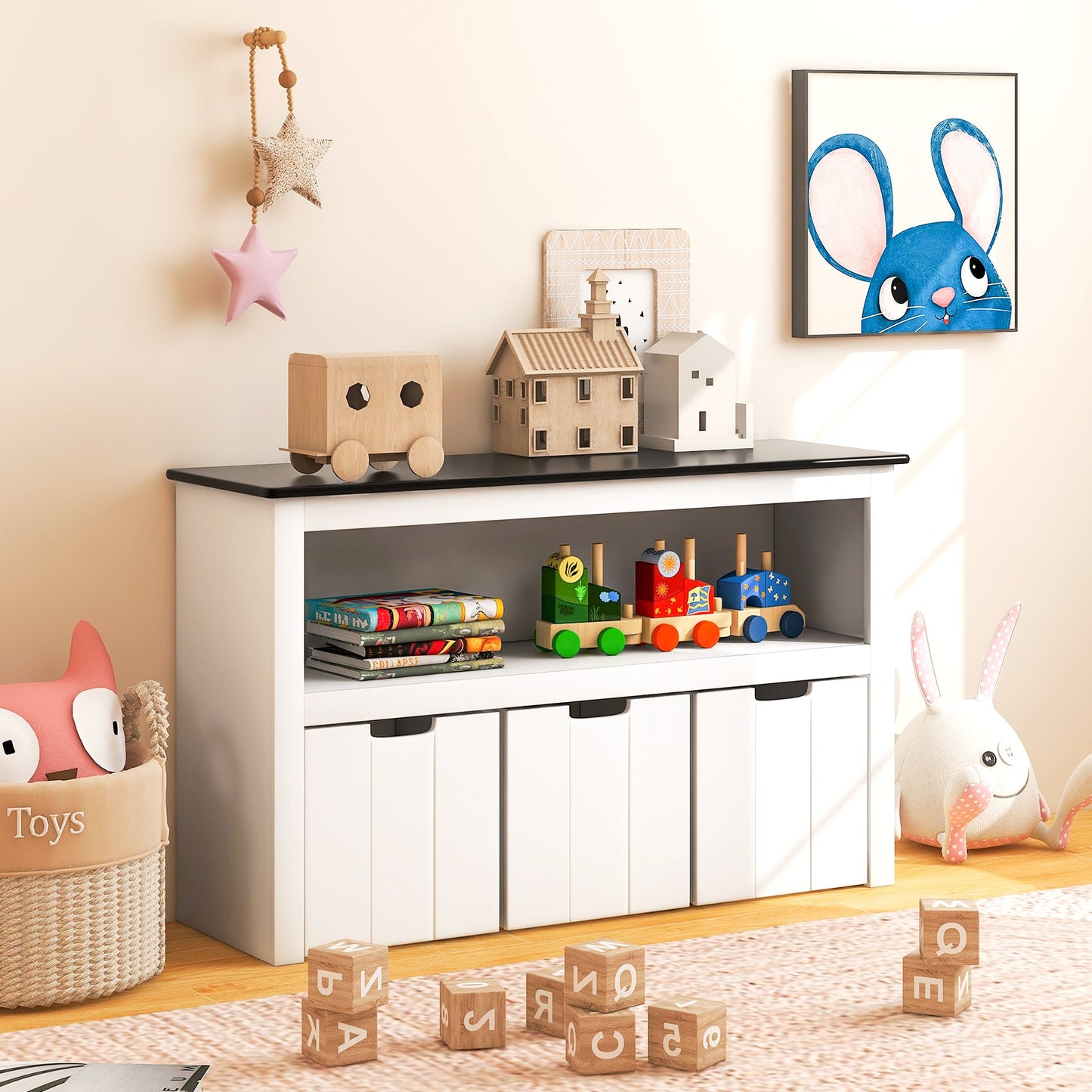 Kids Toy Storage Organizer with 3 Bins and Blackboard Top-102 x 33 x 62cm