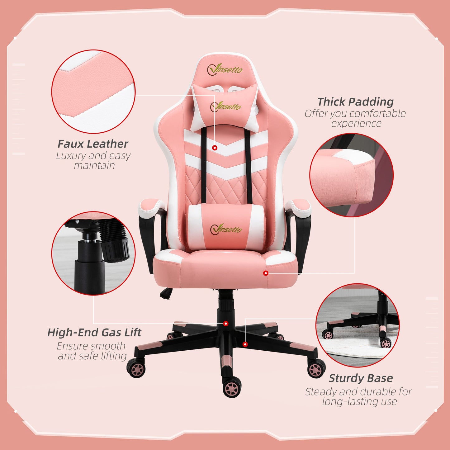 Vinsetto PVC Leather Racing Gaming Chair with Lumbar Support and Headrest - Pink/White