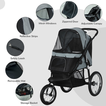 PawHut Pet Stroller Jogger for Medium, Small Dogs, Foldable Cat Pram Dog Pushchair w/ Adjustable Canopy, 3 Big Wheels - Grey