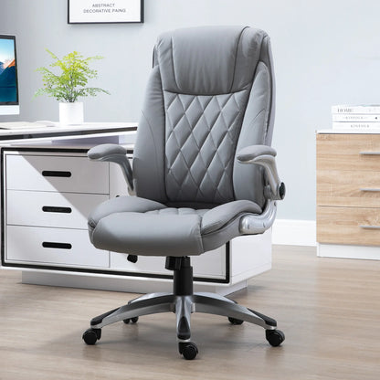 Vinsetto High Back Office Chair PU Leather Upholst, with Flip-up Arm, Wheels, Adjustable Height, Grey