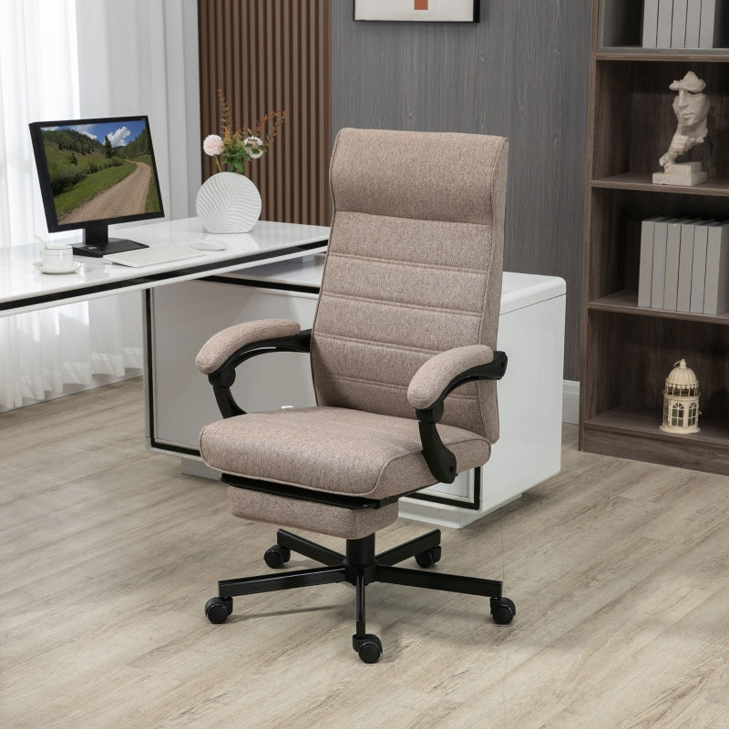 Vinsetto High-Back Linen-Feel Home Office Chair with Adjustable Height, Footrest and Padded Armrests - Brown