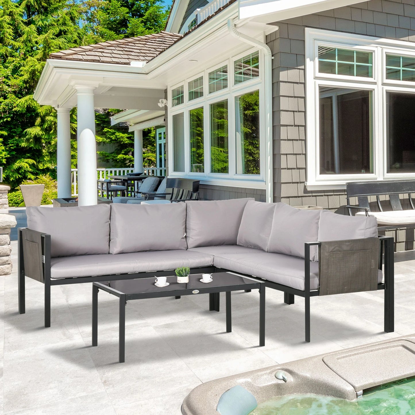 4 Piece Metal Garden Furniture Set with Tempered Glass Coffee Table, Breathable Mesh Pocket