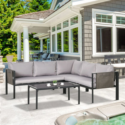 4 Piece Metal Garden Furniture Set with Tempered Glass Coffee Table, Breathable Mesh Pocket