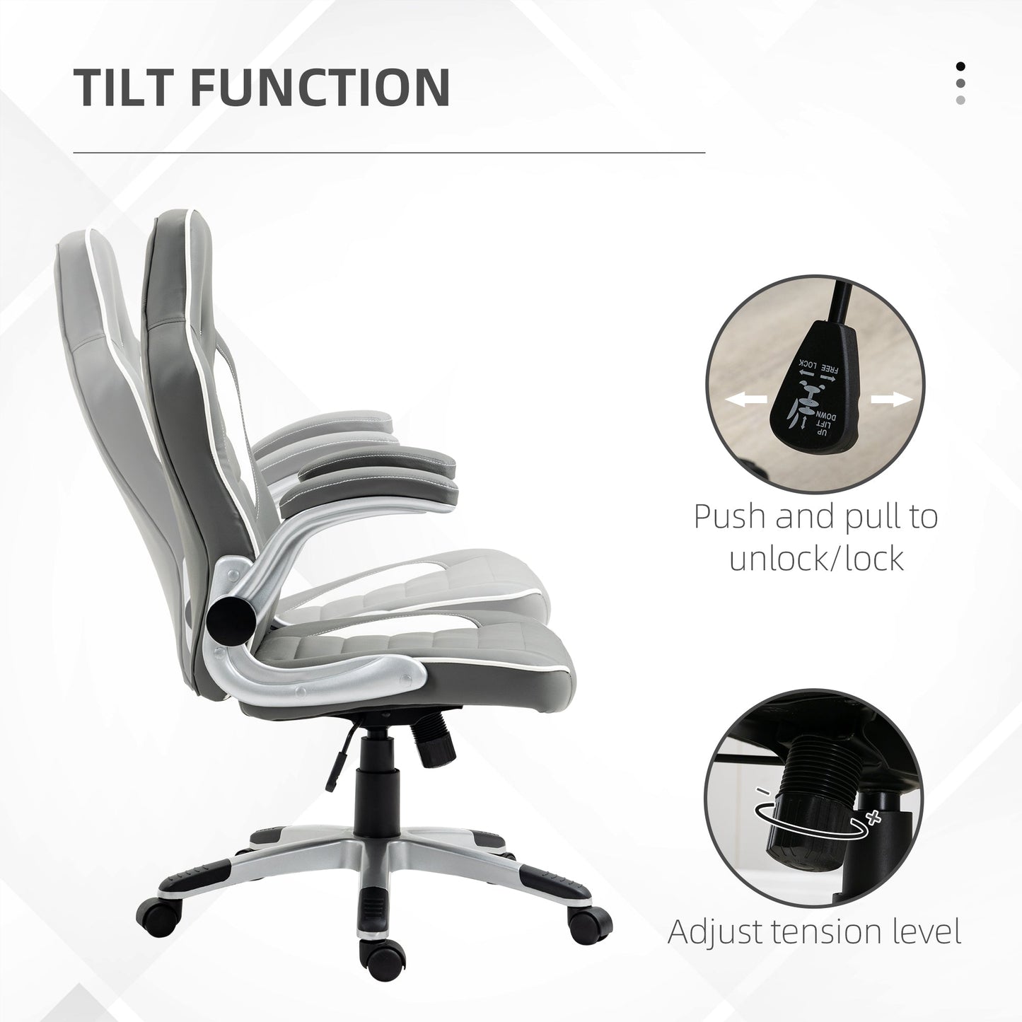 PU Leather Gaming Chair, Height Adjustable with Tilt Function and Flip Up Armrests - Grey