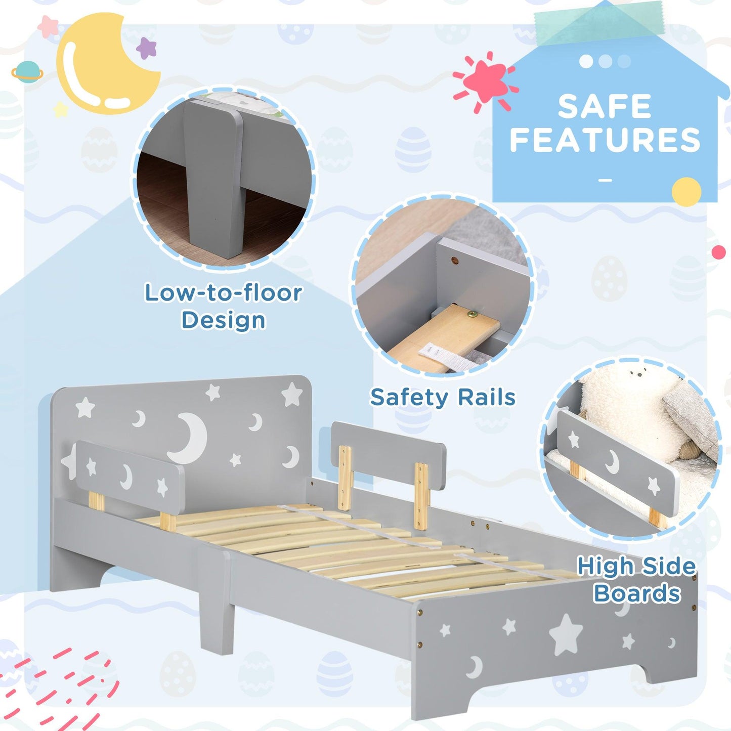 ZONEKIZ Toddler bed w/ Star and Moon Patterns, for Ages 3-6 Years - Grey