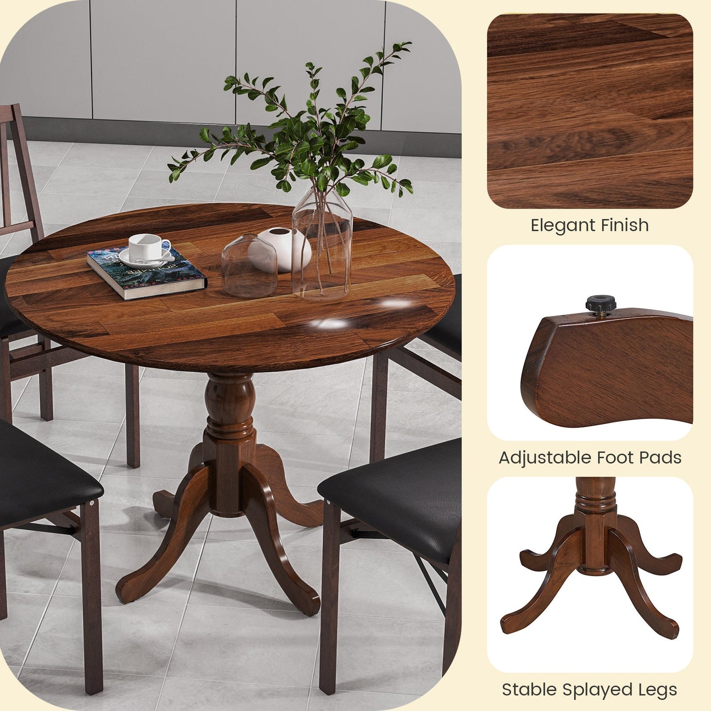 Wooden Dining Table with Round Tabletop and Curved Trestle Legs-Walnut