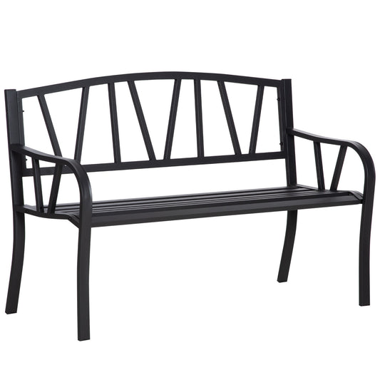 Outsunny 2-Seater Garden Bench Metal Loveseat w/ Decorative Backrest Ergonomic Armrest