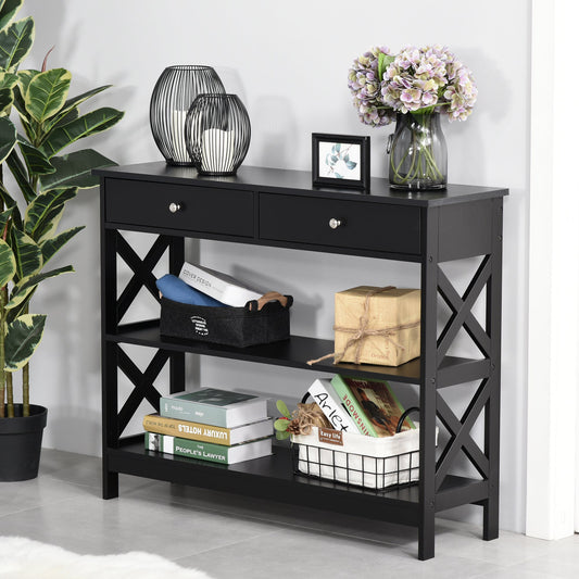 Console Table Sofa Side Desk with Storage Shelves Drawers X Frame for Living Room Entryway Bedroom Black w/