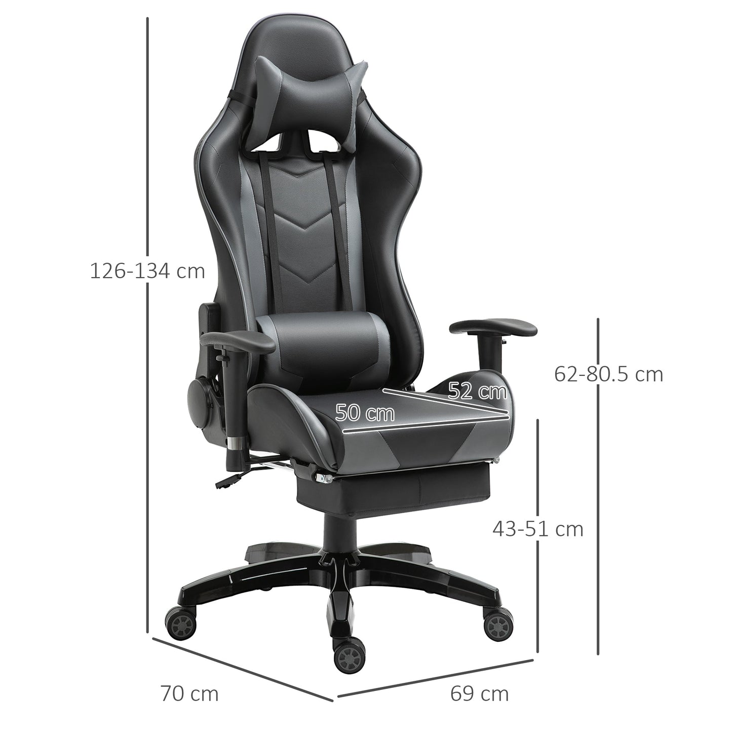 High-Back Gaming Chair Swivel Home Office Computer Racing Gamer Recliner Chair Faux Leather with Footrest, Wheels, Black Grey