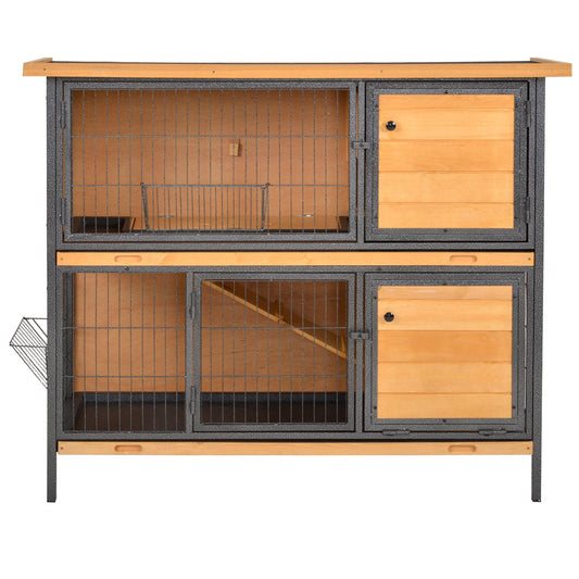 PawHut Wooden Metal Rabbit Hutch Guinea Pig Hutch Bunny Cage Pet House Bunny w/ Slide-Out Tray Outdoor Light Yellow,black