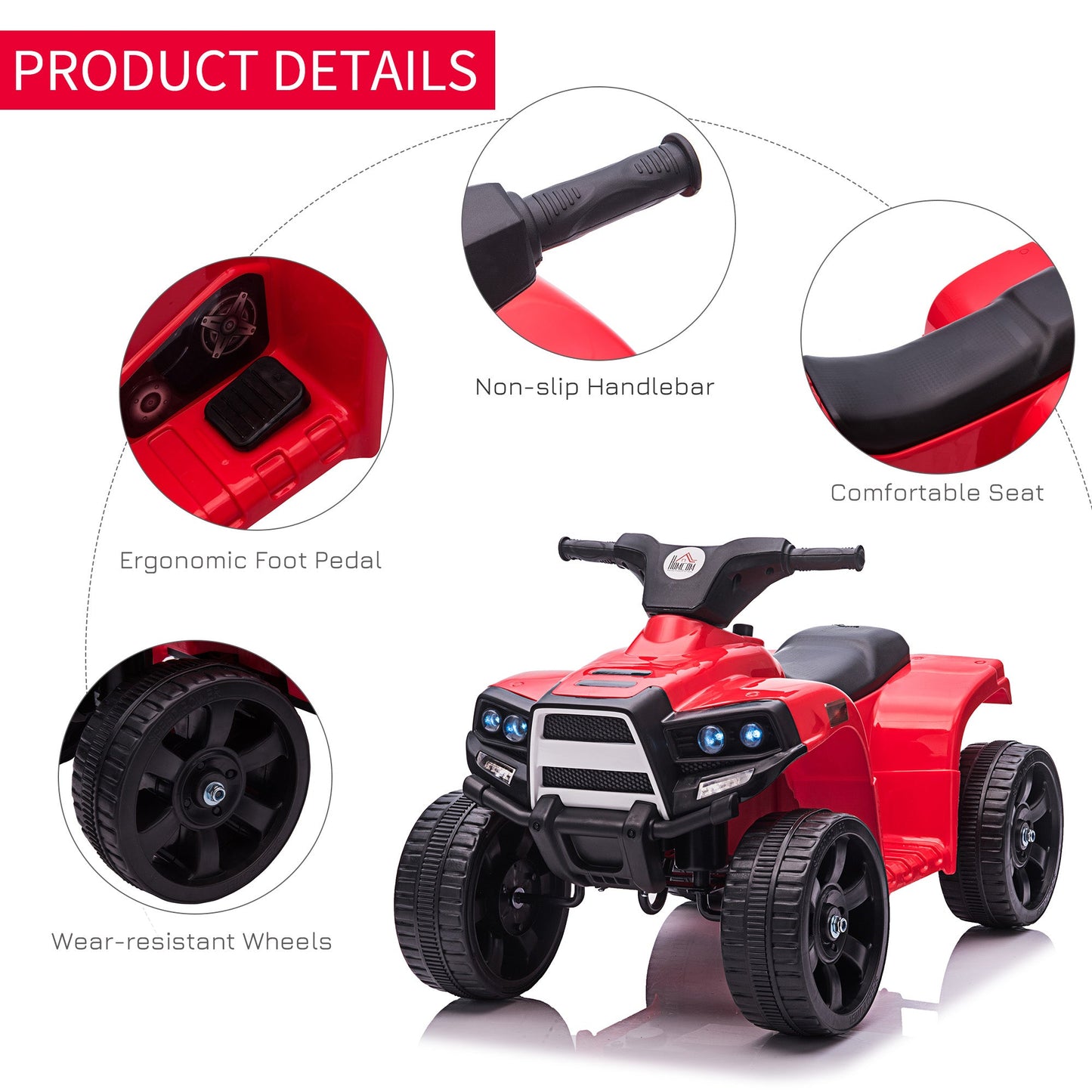 HOMCOM 6 V Kids Ride on Cars Quad Bike Electric ATV Toy for Toddlers w/ Headlights Battery Powered for 18-36 months Black+Red