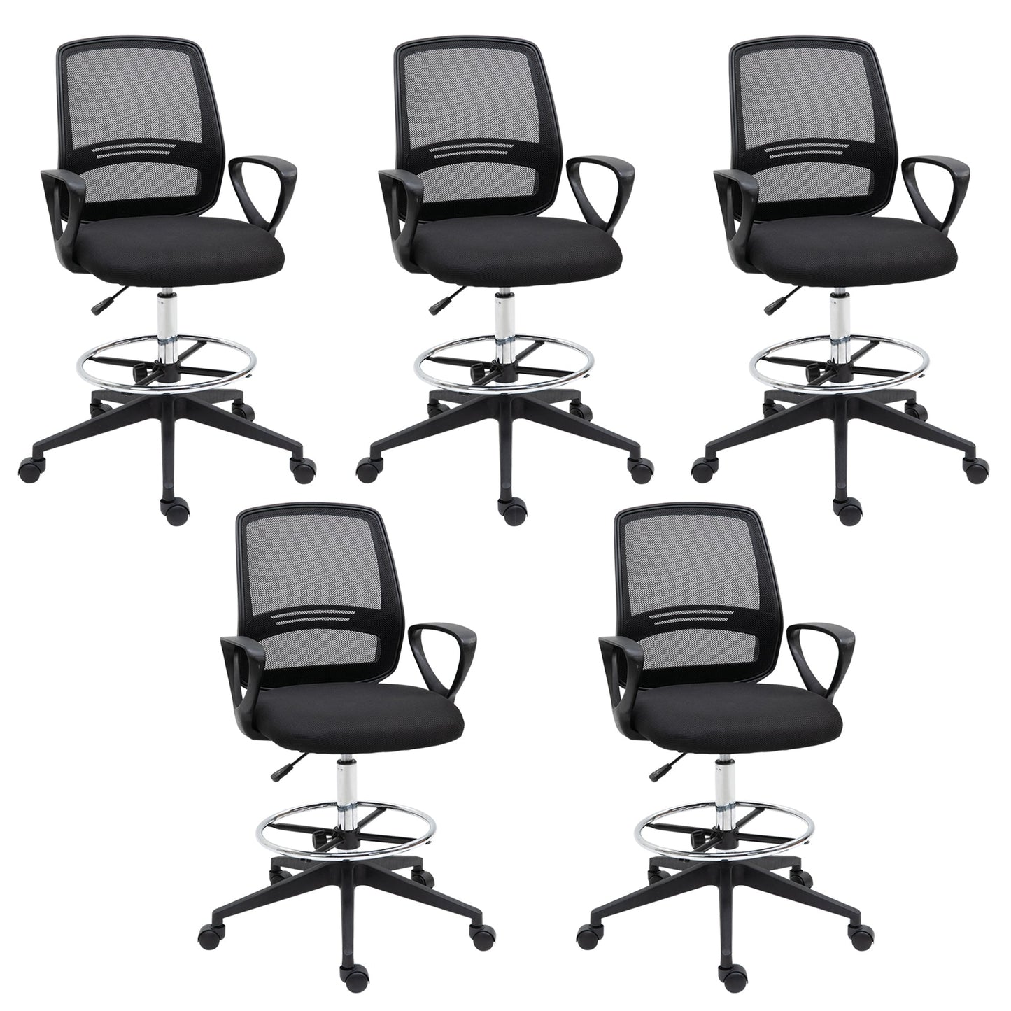 Vinsetto Ergonomic Mesh Back Draughtsman Chairs Tall Office Chair with Adjustable Height and Footrest 360Â° Swivel, Set of 5