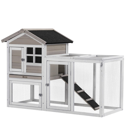 PawHut 2 in 1 Rabbit Hutch Outdoor, Double Main House Guinea Pig Hutch, Bunny Run, Wooden Small Animal House with Run Box, Slide-out Tray, Ramp, 259 x 64 x 92cm, Grey