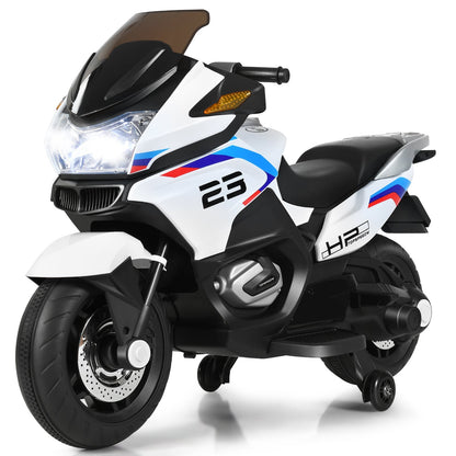 12V Electric Battery Powered Ride On Motorcycle with Training Wheels-White