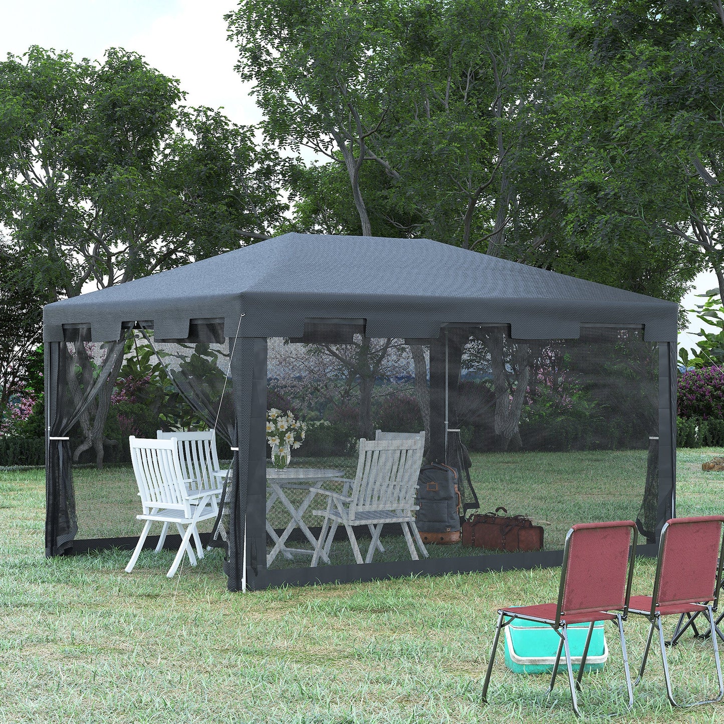 Outsunny 4 m x 3 m Gazebo Party Tent Outdoor Canopy Garden Sun Shade w/ Mesh Sidewalls, Grey